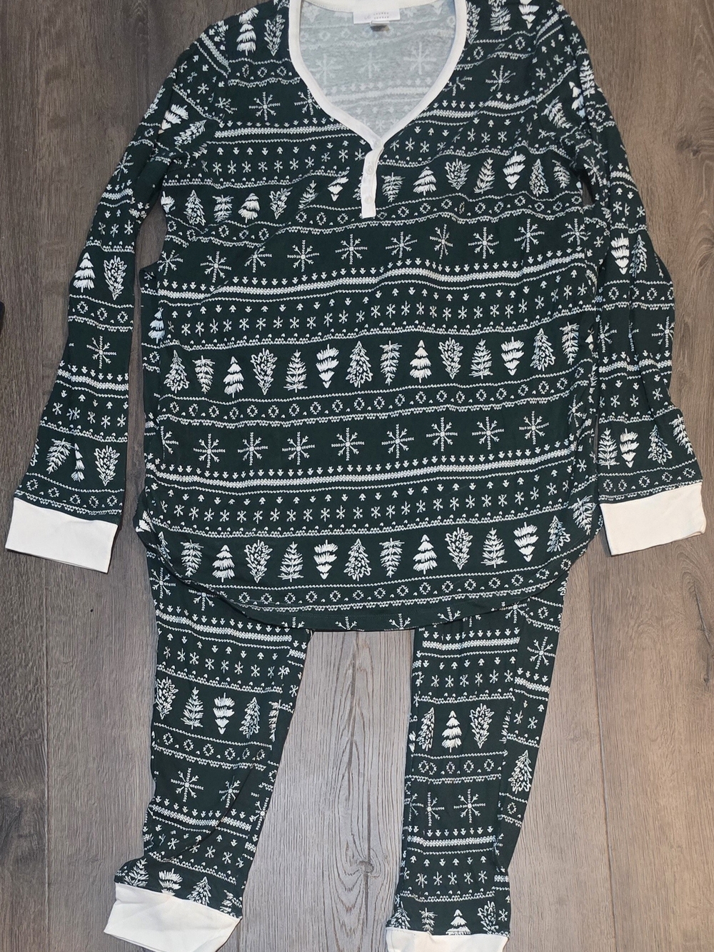 LC Lauren Conrad Womens Maternity Pajama Set Button Green White L Christmas